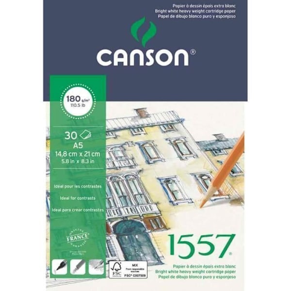 Ritpappersblock - CANSON - 1557 - A5 - 180 g/m2 - 30 ark - Rent vit