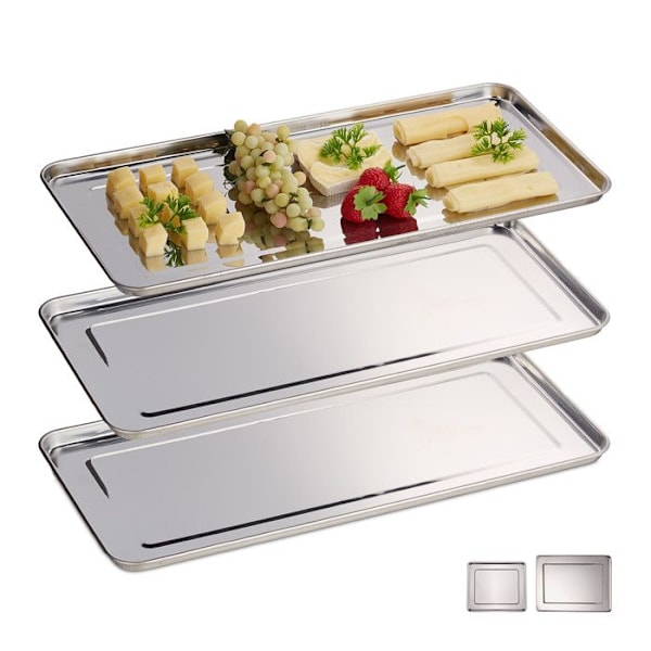 Relaxdays Serveringsfat, set med 3, Rostfritt stål, diskmaskinssäker, korv, 45,5 x 22 cm, silverfärgad Blankt rostfritt stål
