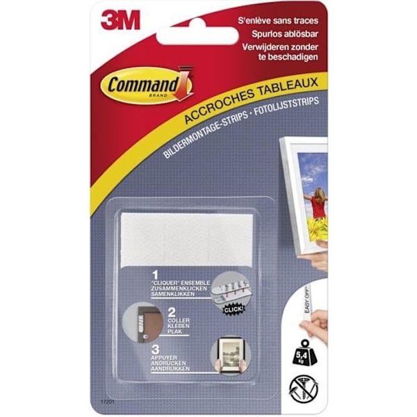 Fixeringsflikar - 3M - Medium modell - Vit - Maxvikt 5,4 kg - 4 remsor ingår Vit