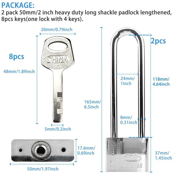 Jiehaojia hänglås Set med 2 50 mm långa och robusta hänglås med 8 nycklar, för lager, garage, staket