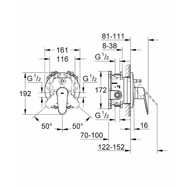 Grohe Eurodisc Cosmopolitan inbyggd badkarsblandare Krom