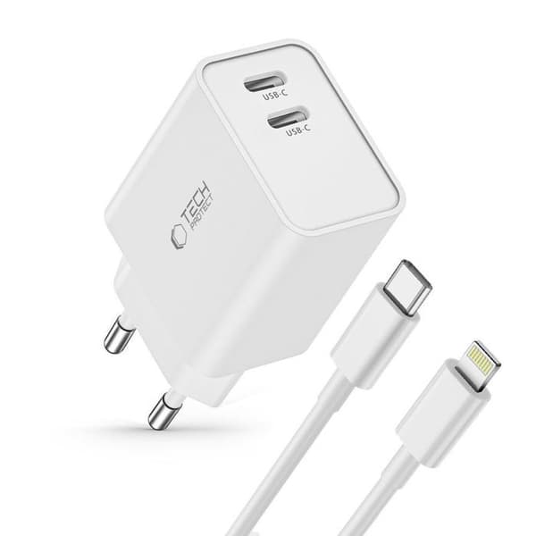 Väggladdare C35W 2x USB-C med USB-C-kabel - iPhone Lightning - Vit