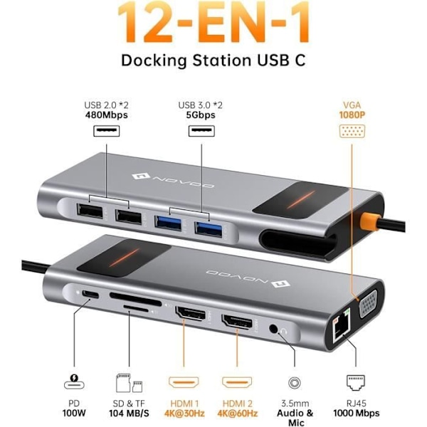 USB C-dock - NOVOO - 12-i-1 - Dual HDMI 4K - VGA - 100W PD - Gigabit Ethernet