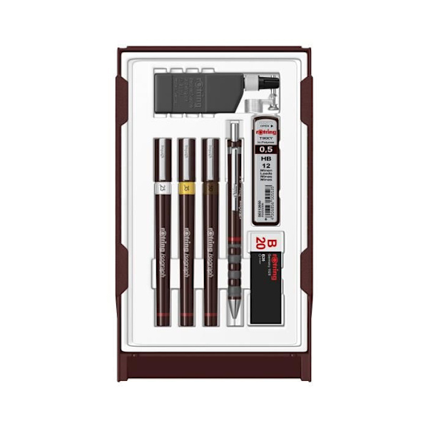 rOtring Set College: Mekanisk penna 0,5 + 3 Isograph 0,25/0,35/0,5 mm + radergummi + fodral med 12 HB-ledningar + 23 ml bläckflaska + kompassklämma kastanj