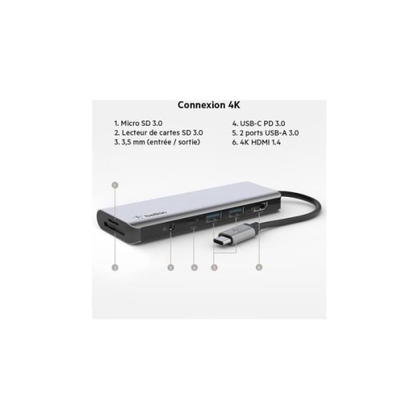 Belkin USB-C Hub - 7-portars dockningsstation 100W USB-C-laddning, RJ-45 och HDMI