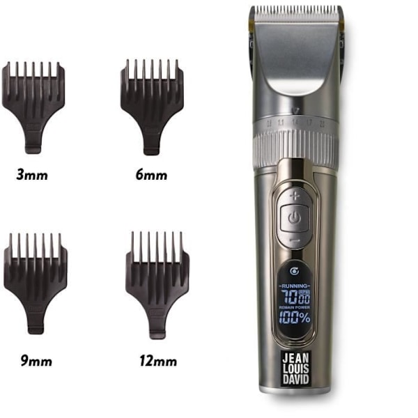 Hår- och skäggtrimmer - JEAN LOUIS DAVID - Digital Clipper - 25 klipphöjder - Lithium-Ion batteri - Lång batteritid Grå