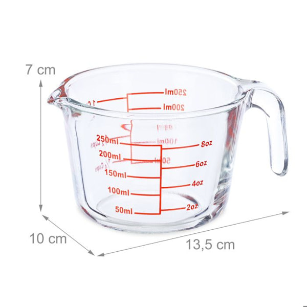 Relaxdays Mätglas, 250 ml, värmebeständig, för mikrovågsugn, graderad ml, oz, amerikanska koppar, transparent genomskinlig, röd