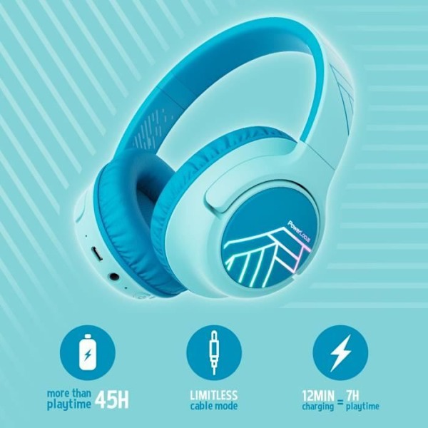 Barnhörlurar - PowerLocus - Bluetooth - Begränsad volym 74-85-94dB - 45 timmar - Färgade LED-lampor Blå