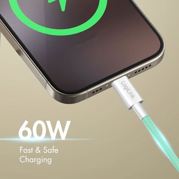 USB-C till USB-A-kabel - Logilink - CU0327 - 1 m - Grön - 60 W - Snabbladdning - Dataöverföring - Nylon