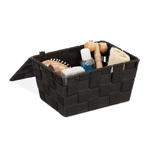 Relaxdays Förvaringskorg med lock, flätad look, organiserare, HxlxD 10,5 x 19,5 x 14,5 cm, plast, svart svart