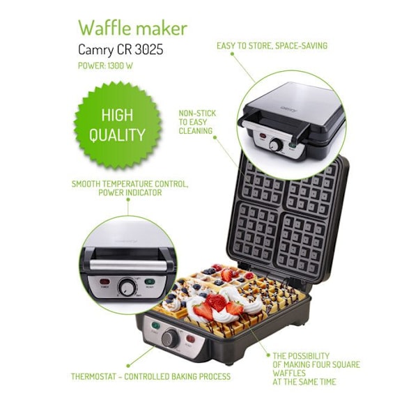 Gaufrier - CAMRY - 1150 W - 4 våfflor - Non-stick beläggning - Justerbar termostat