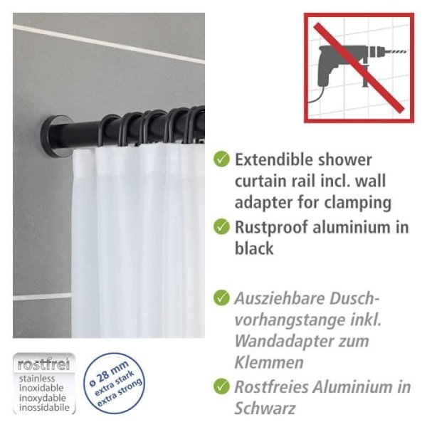 Duschstänger och duschdraperier - Wenko - Utsträckbar duschstång i rostfritt aluminium "Luz" - Svart - L från 70 till 115 cm