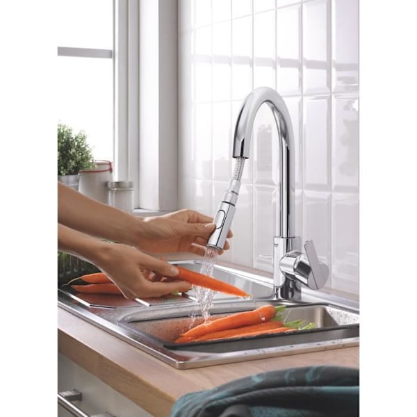 GROHE Feel diskbänkskran, utdragbar spray, 360° rotation, U-pip, 2-jet-avledare, köksblandare 31486001 Krom