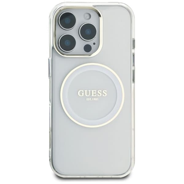 Coque Guess IML Metallfärgad Cirkel Klassisk Logotyp MagSafe för iPhone 16 Pro (vit)