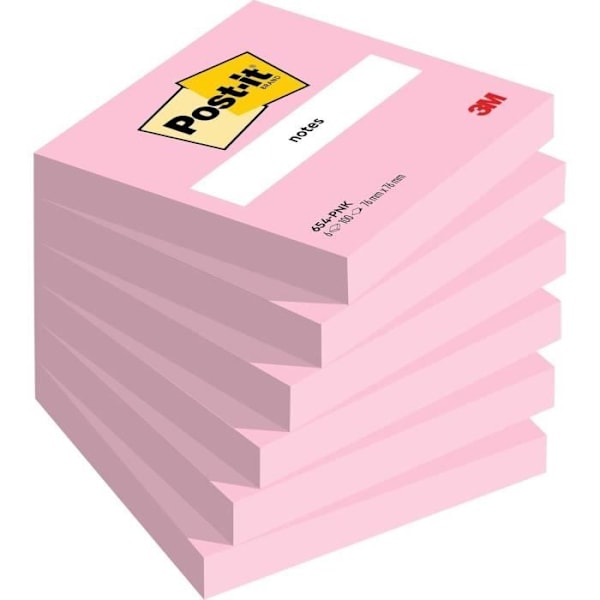 Klistret anteckningsblock - POST-IT - 76 x 76 mm - Flamingorosa - 100 blad - Paket med 6 block Rosa flamant