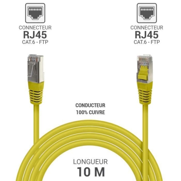 RJ45 Ethernet nätverkskabel Cat 6 FTP 33527 skärmad 250MHz 100% kopparledare Längd 10m Gul