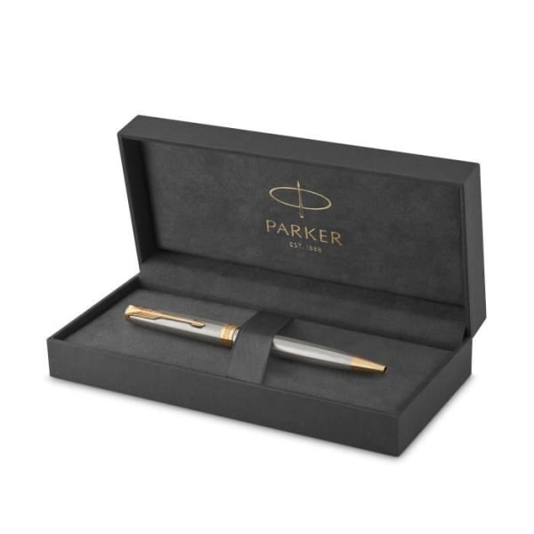 PARKER Sonnet kulspetspenna, rostfritt stål, guldkant, svart medium spetspåfyllning, presentförpackning