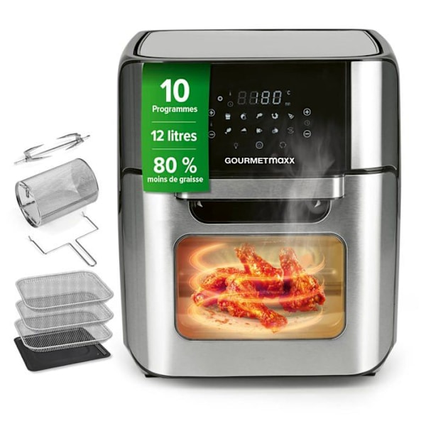 Luftfritör - GOURMETmaxx - XXL Ugn - 12 l - 1800 W - Pekskärm, rotisserie Rostfritt stål / svart