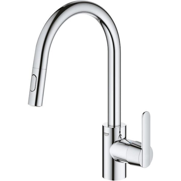 GROHE Get diskbänksblandare, utdragbar spray, U-formad pip, 2-jet-avledare, Supersteel, 31484001 Krom