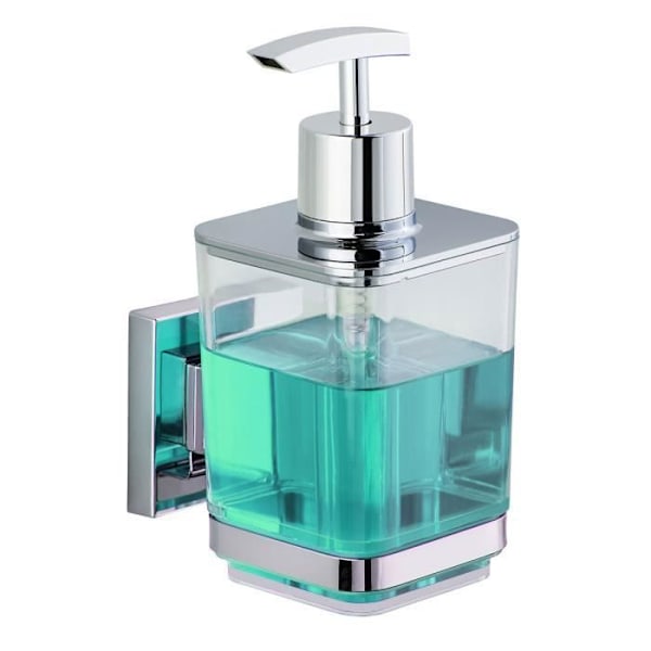 Väggmonterad dispenser för flytande tvål - WENKO - Quadro - Fixering utan borrning - Rostfritt stål - 330 ml Transparent och kromstål