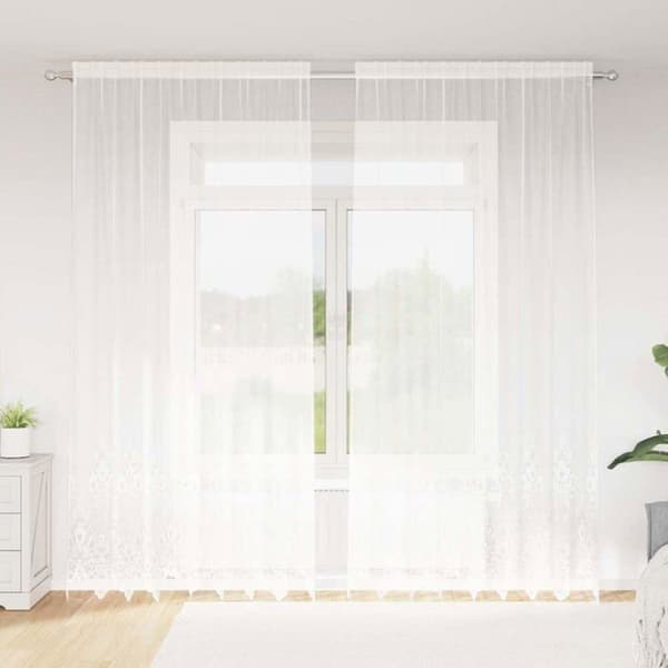 Blommönstrad spetsgardin - vidaXL - 280x200 cm - Vit - Polyester - Ljusfiltrerande - Flexibel installation Vit
