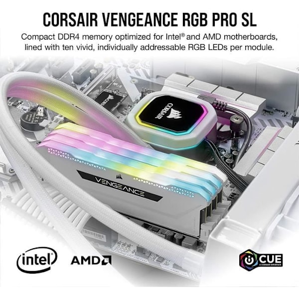RAM-minne - CORSAIR - Vengeance RGB Pro SL DDR4 - 32GB 2x16GB DIMM - 3600 MHz - 1,35V - Vit (CMH32GX4M2D3600C)