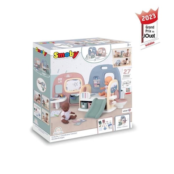 Smoby - Bebisvård - Spjälsäng 5 platser + 27 tillbehör - Babydocka upp till 42 cm Rosa, blå, vit