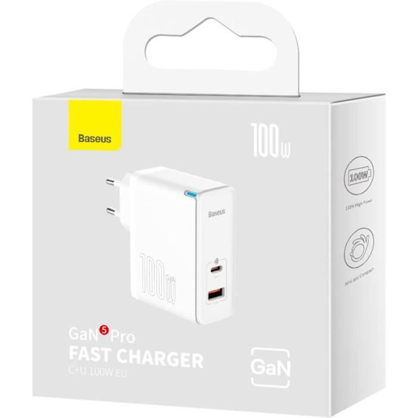 Nätadapter 1x USB-A-port + 1x USB-C-port 100W + USB-C-kabel 1m Baseus GaN5 Pro - vit - TU