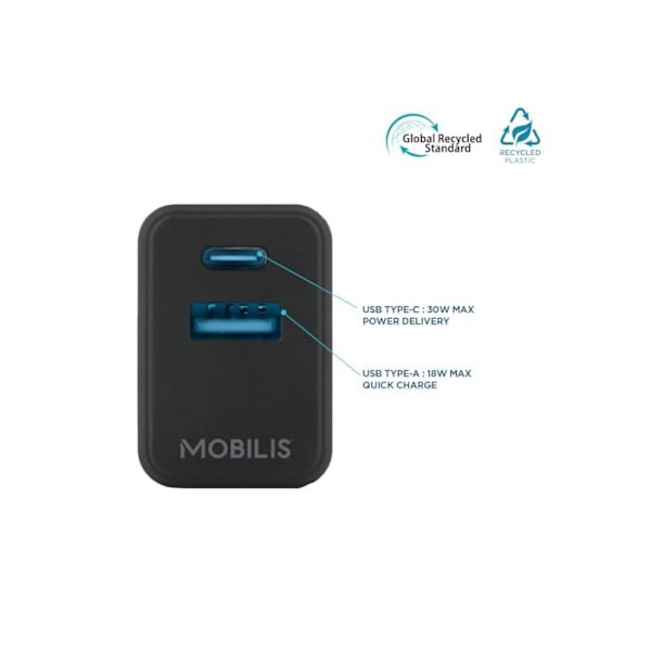 Nätladdare - MOBILIS - 30W GaN - 1 USB-C-port, 1 USB-A-port - för smartphone och surfplatta