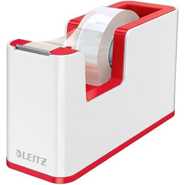 Leitz WOW - Tape Dispenser, med halkfri viktad bas och självhäftande rulle ingår, vit/röd färg (53641026) vit röd