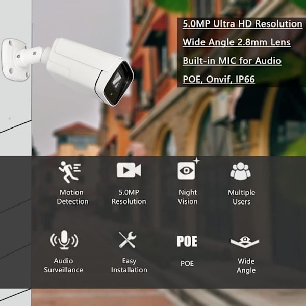 WiTi IP-kamera PoE 5MP med ljudmikrofon, vidvinkellins 2,8 mm, IP66