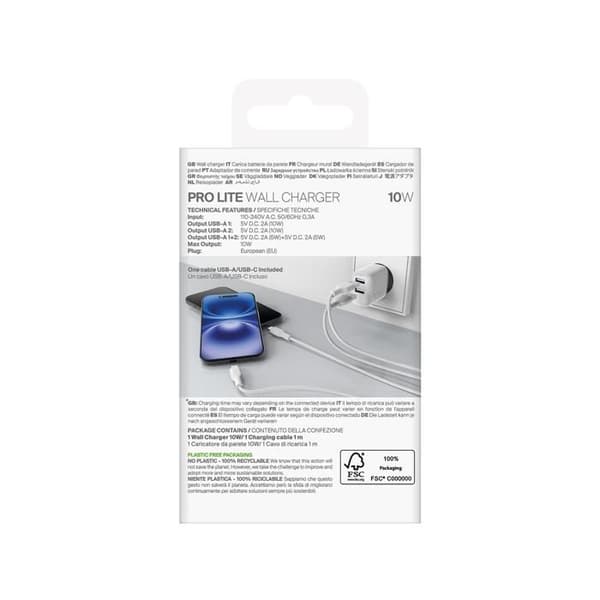 Laddare - PURO - PROLITE 10W - 2x USB-A - Snabbladdning - USB-A - USB-C-kabel 1,2m Vit