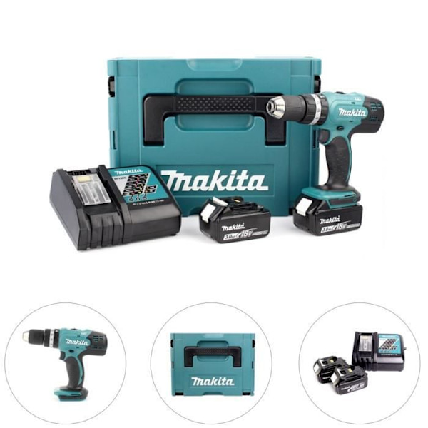 Slagskruvdragare 18V LXT (2x3,0 Ah) i MAKPAC - MAKITA DHP453RFJ blått och svart