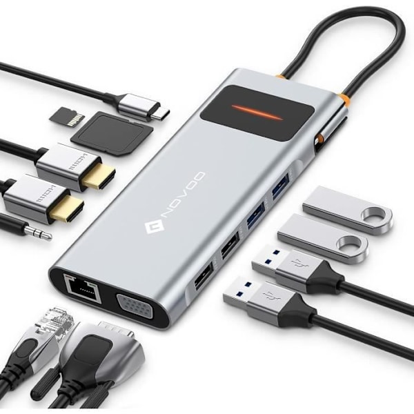 USB C-dock - NOVOO - 12-i-1 - Dual HDMI 4K - VGA - 100W PD - Gigabit Ethernet