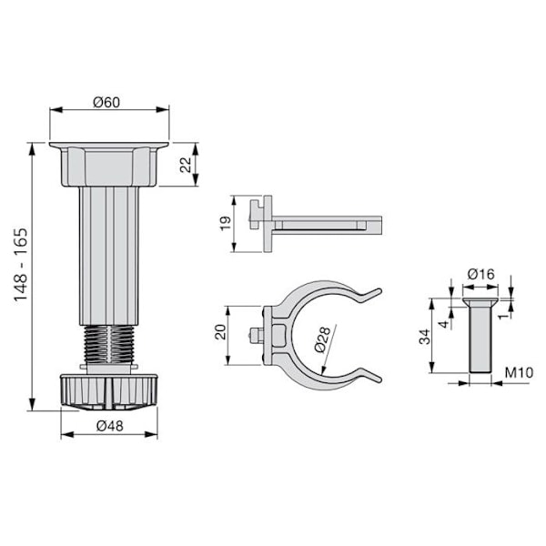 Emuca-paket med 10 benmöbler för utjämning av ben, med förmonterad bas, höjd 150 mm, justerbar 148-165 mm, plast, Svart