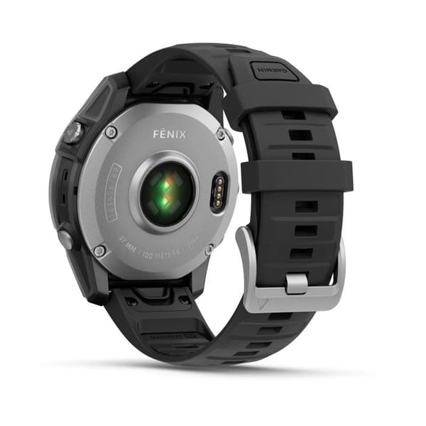 Klocka - GARMIN - Fenix E AMOLED - 47 mm - Silverstål - Armband i grafitsilikon Stål silver