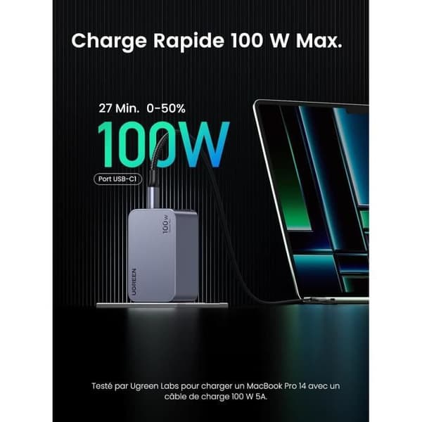 Laddare - UGREEN - Nexode Pro 100W - 3 USB-C portar - GaNInfinity - Snabbladdning