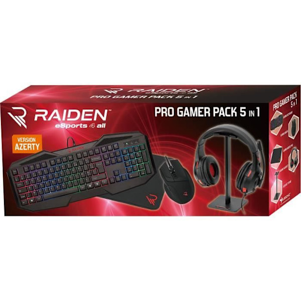 Subsonic Raiden - Paket med 5-i-1 speltillbehör för PC: QWERTY-tangentbord - Mus - Matta - Hörlurar och ställ för hörlurar