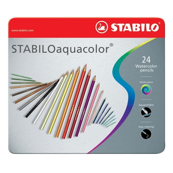 Akvarellfärgad penna - STABILO - Aquacolor - Box med 24 - Doppat huvud - Flerfärgad Flerfärgad