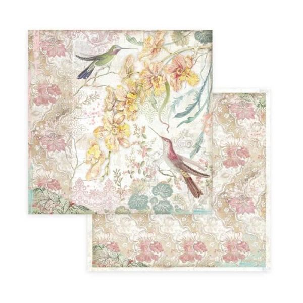 Scrapbookingpapper 'Orchids and Cats' - STAMPERIA - Set med 10 ark (20,3x20,3 cm) Orkidéer och katter