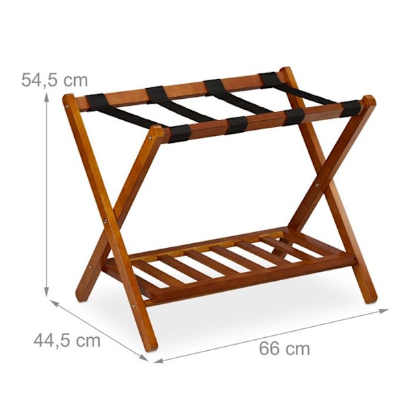 Relaxdays Fällbart bagagebord, trä, H x B x D: 54,5 x 66 x 44,5 cm, 2 hyllor, hotellbagagehållare, natur brun, svart