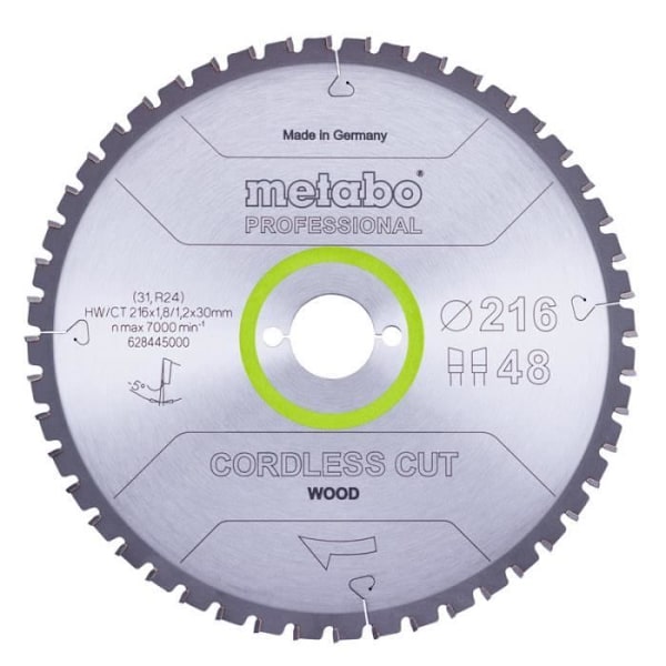 Sågblad - Metabo - batteridriven träskärning - 216x1,8/1,2x30 mm - 28 tänder - 5° negativ