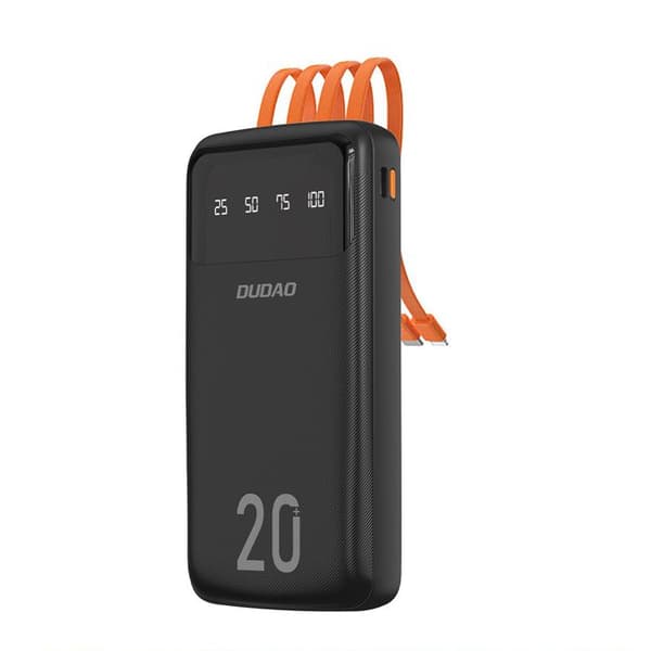 Extern batteri K6Pro+ 20 000 mAh med integrerade USB-C, microUSB och Lightning-kablar för iPhone - Svart