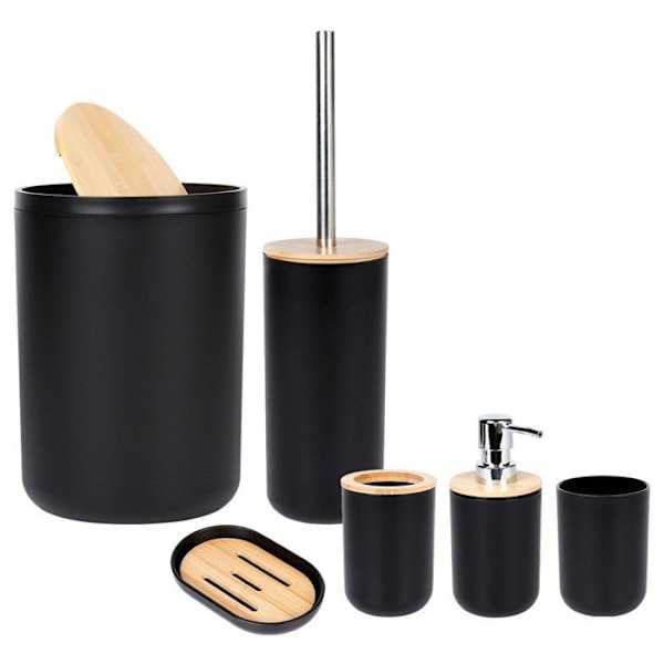 VILDE Badaccessoarer 6 delar - Matt svart plast - Bambuträ - Modernt design - Lätt att rengöra Svart