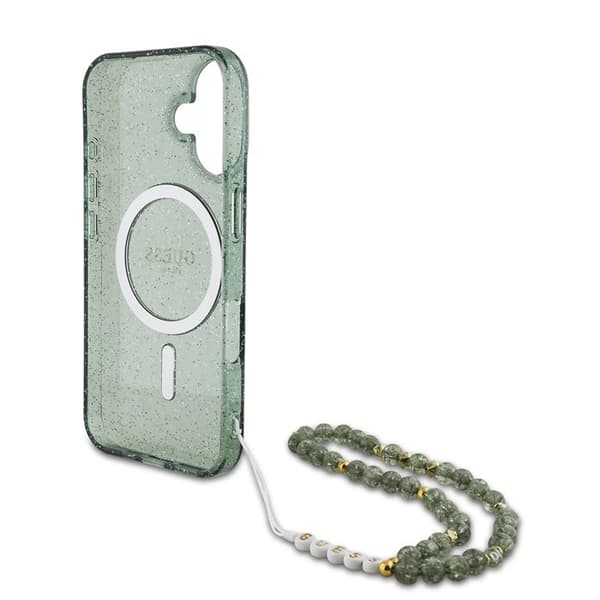 Coque Guess IML Glitter MagSafe med pärlrem för iPhone 16 Plus - Grön Grön
