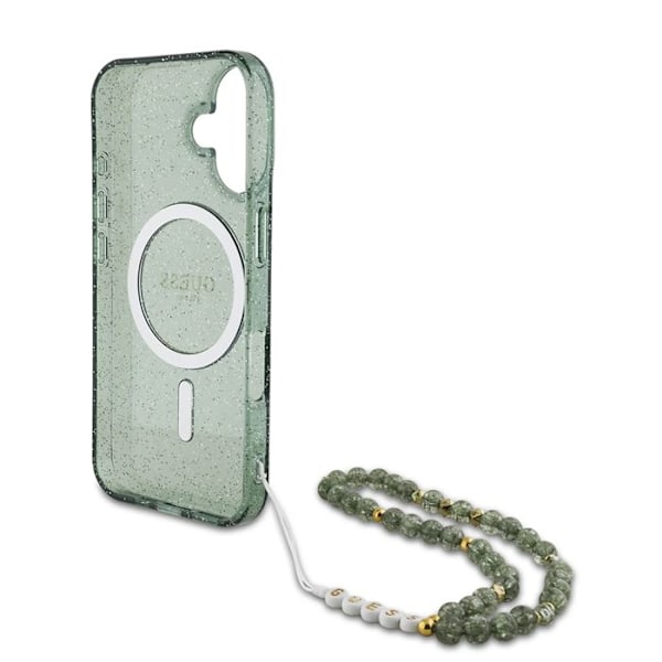 Coque Guess IML Glitter med pärlarmband MagSafe för iPhone 16 Plus (grön)