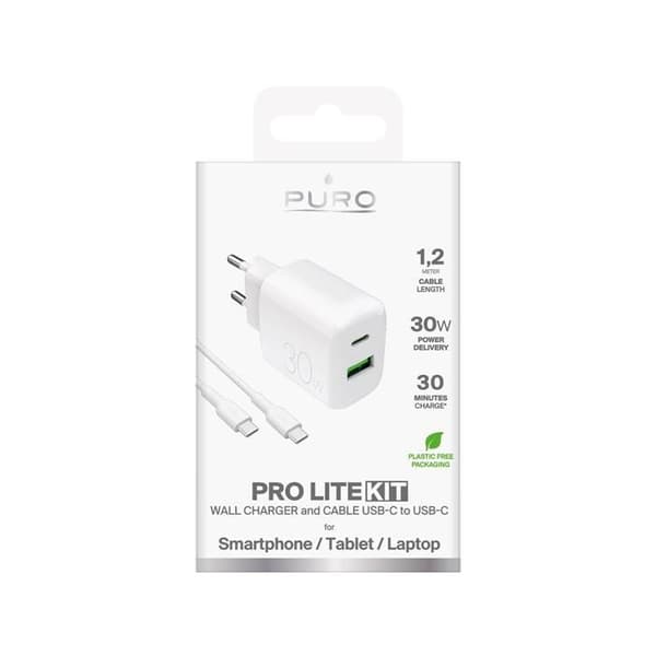 Laddare - PURO - PROLITE 30W - USB-A och USB-C - Snabbladdning - Kabel 1,2m Vit