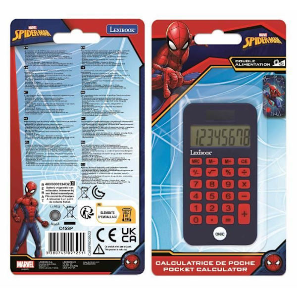 Fickräknare - SpiderMan - 8 siffror - Solskyddsmedel - Dubbel strömförsörjning - Flerfärgad