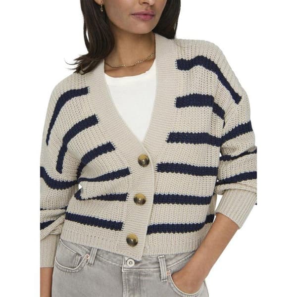 Beige randig kofta i stickad mesh med rak passform och V-ringning Ecru XL