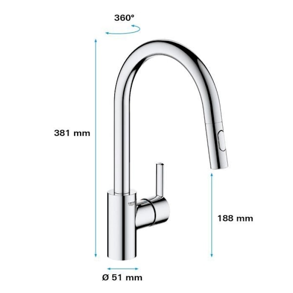 GROHE Feel diskbänkskran, utdragbar spray, 360° rotation, U-pip, 2-jet-avledare, köksblandare 31486001 Krom
